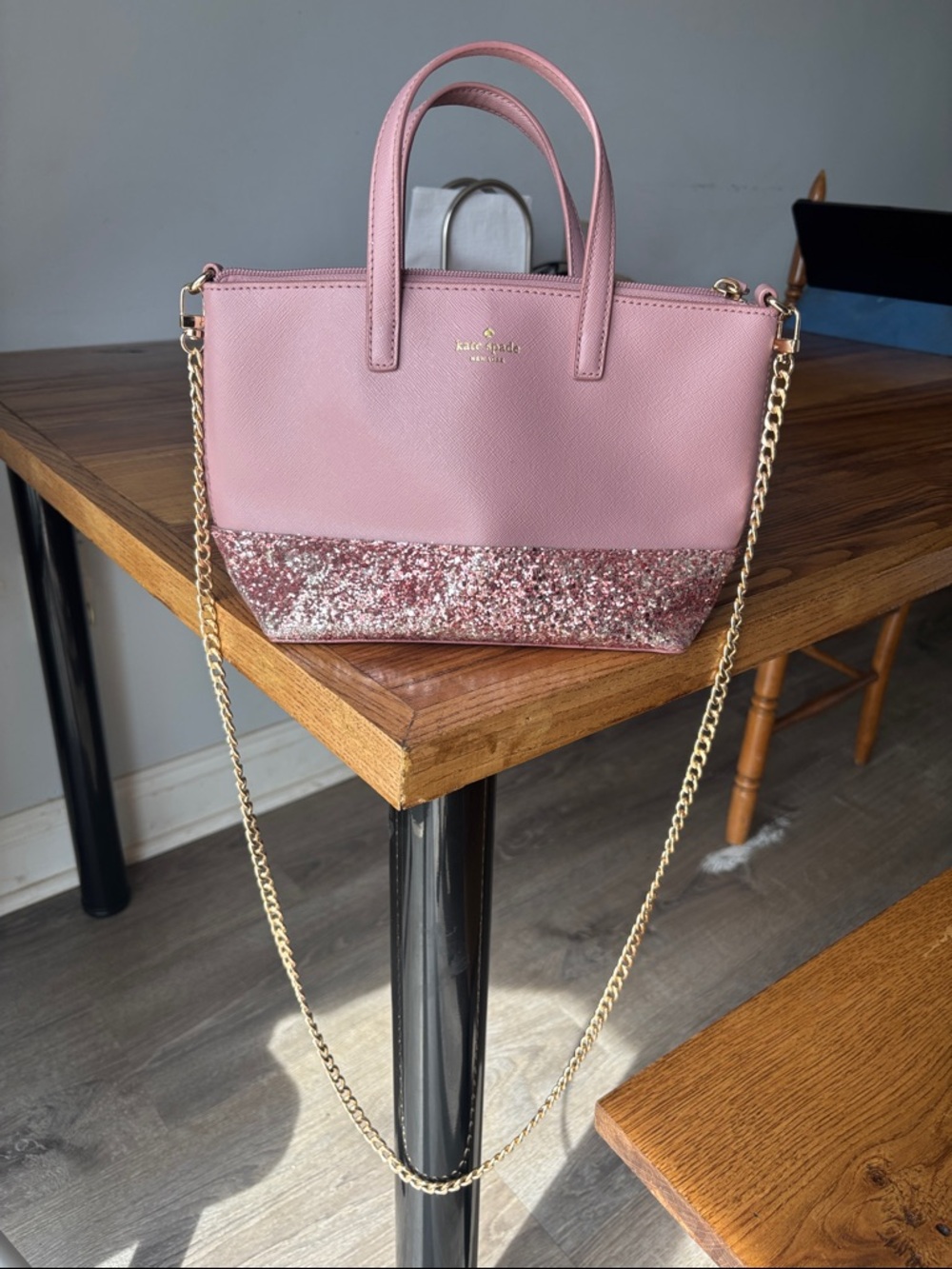kate spade Pink Leather Satchel with Rose Gold Glitter Trim
